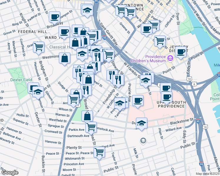 map of restaurants, bars, coffee shops, grocery stores, and more near 422 Pine Street in Providence