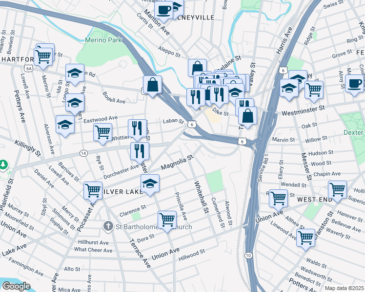 map of restaurants, bars, coffee shops, grocery stores, and more near 35 Lena Street in Providence
