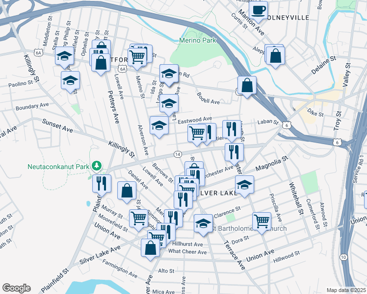 map of restaurants, bars, coffee shops, grocery stores, and more near 130 Laurel Hill Avenue in Providence