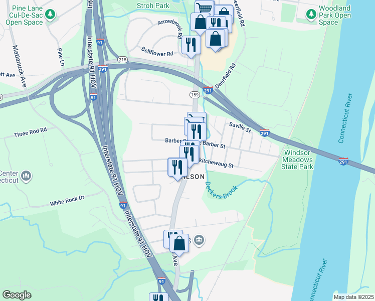 map of restaurants, bars, coffee shops, grocery stores, and more near 392 Connecticut 159 in Windsor