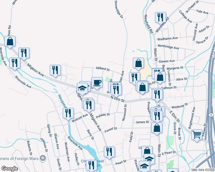 map of restaurants, bars, coffee shops, grocery stores, and more near 50 Mc Guinness Street in Torrington