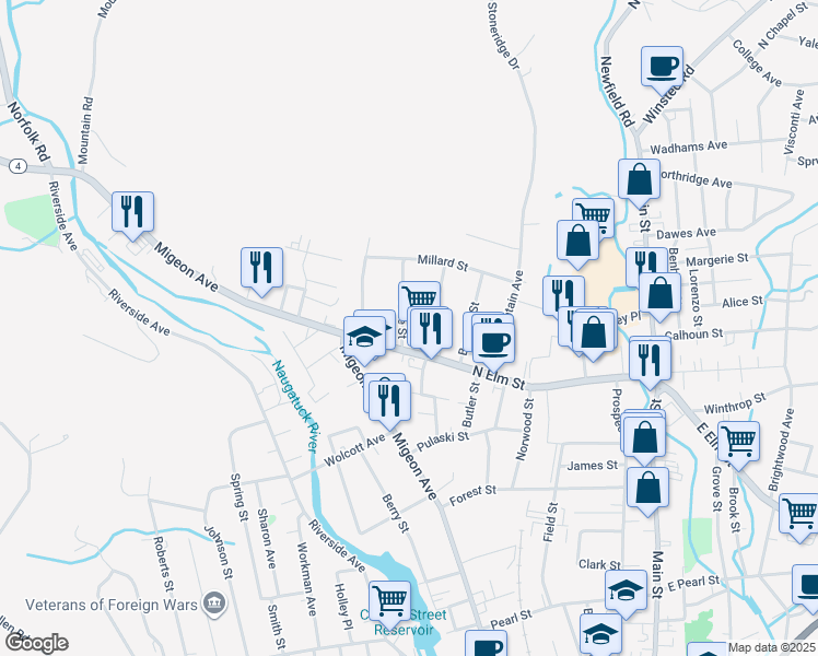 map of restaurants, bars, coffee shops, grocery stores, and more near 42 Pine Street in Torrington