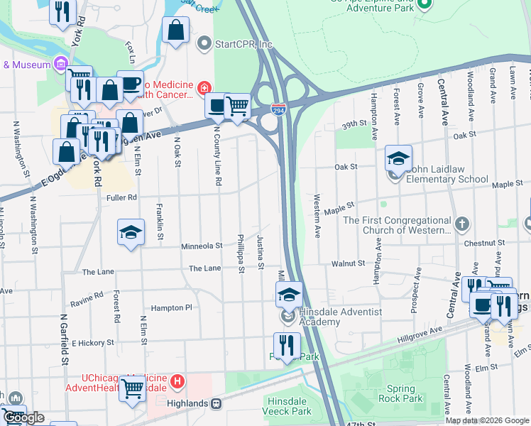 map of restaurants, bars, coffee shops, grocery stores, and more near 618 Mills Street in Hinsdale