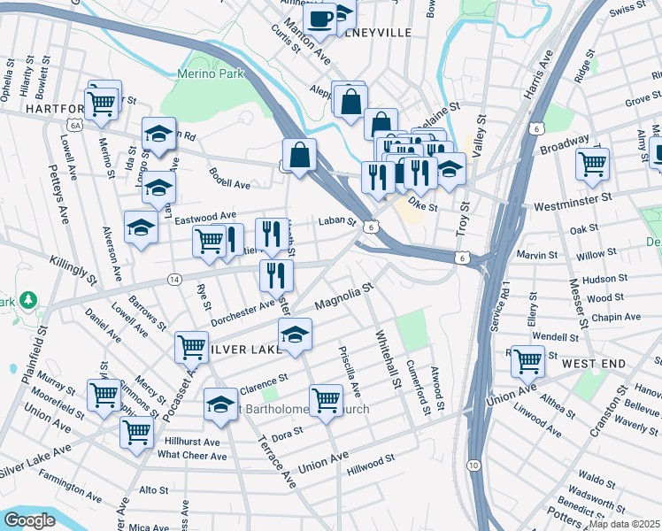 map of restaurants, bars, coffee shops, grocery stores, and more near Plainfield St & Pocasset Ave in Providence