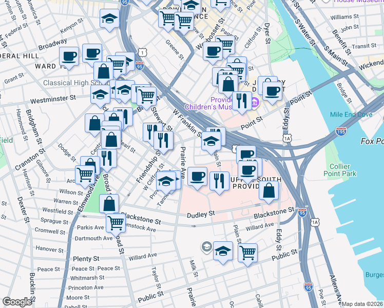 map of restaurants, bars, coffee shops, grocery stores, and more near 107 Beacon Avenue in Providence