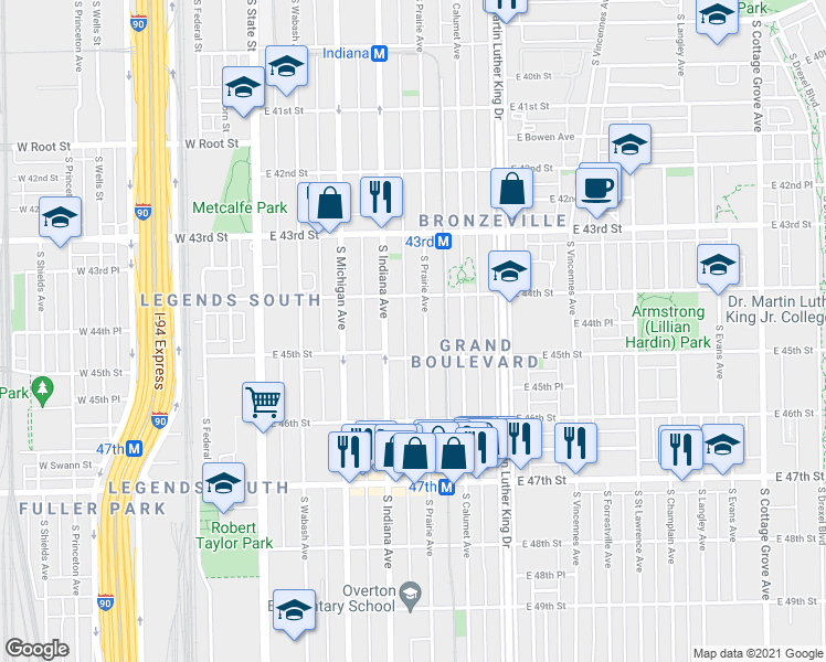 map of restaurants, bars, coffee shops, grocery stores, and more near 4432 South Prairie Avenue in Chicago