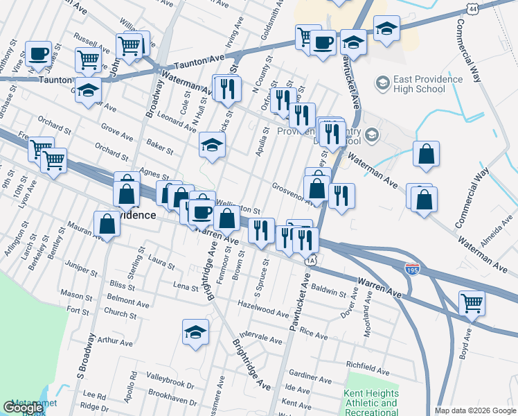 map of restaurants, bars, coffee shops, grocery stores, and more near 127 Appian Way in East Providence