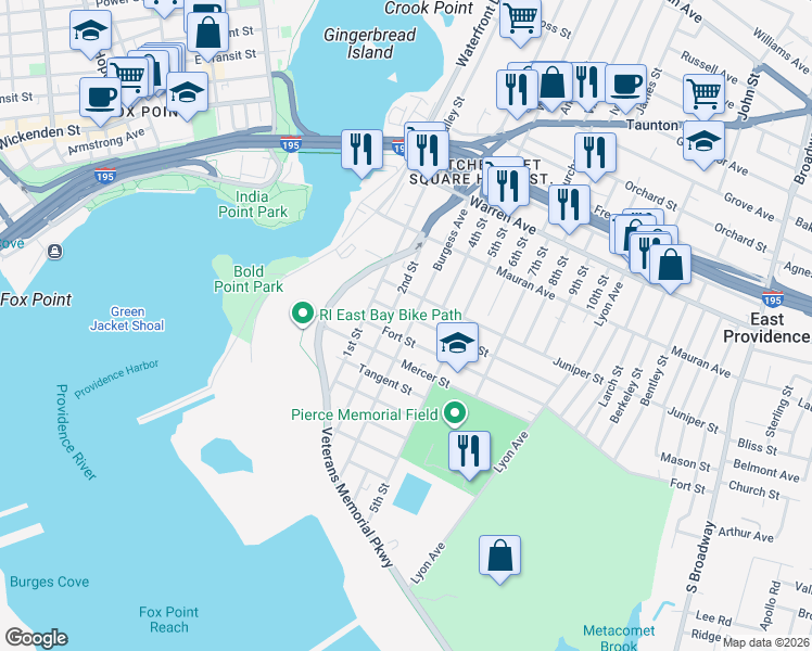 map of restaurants, bars, coffee shops, grocery stores, and more near 107 Burgess Avenue in East Providence