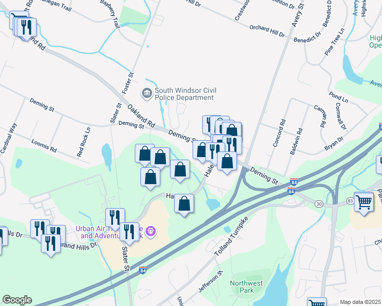 map of restaurants, bars, coffee shops, grocery stores, and more near 230 Deming Street in Manchester