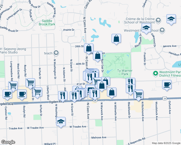 map of restaurants, bars, coffee shops, grocery stores, and more near 735 North Cass Avenue in Westmont