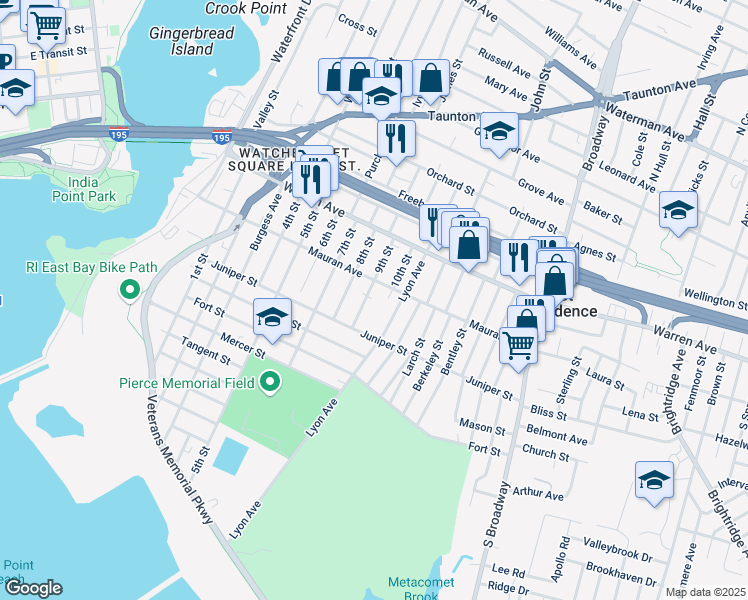map of restaurants, bars, coffee shops, grocery stores, and more near 247 Mauran Avenue in East Providence