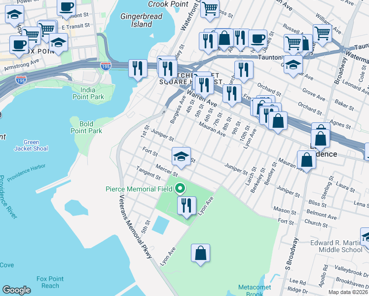 map of restaurants, bars, coffee shops, grocery stores, and more near 178 Juniper Street in East Providence