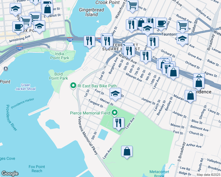map of restaurants, bars, coffee shops, grocery stores, and more near 150 Quarry Street in East Providence