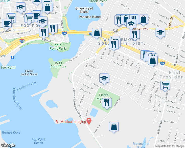 map of restaurants, bars, coffee shops, grocery stores, and more near 111 2nd Street in East Providence