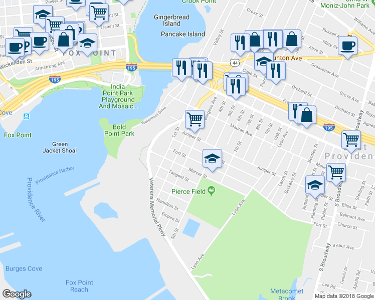map of restaurants, bars, coffee shops, grocery stores, and more near 111 2nd Street in East Providence