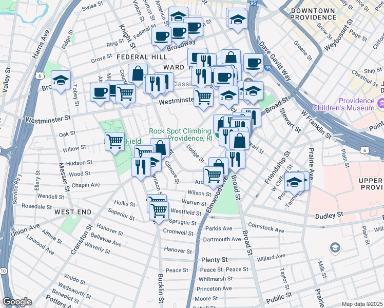 map of restaurants, bars, coffee shops, grocery stores, and more near 127 Dodge Street in Providence