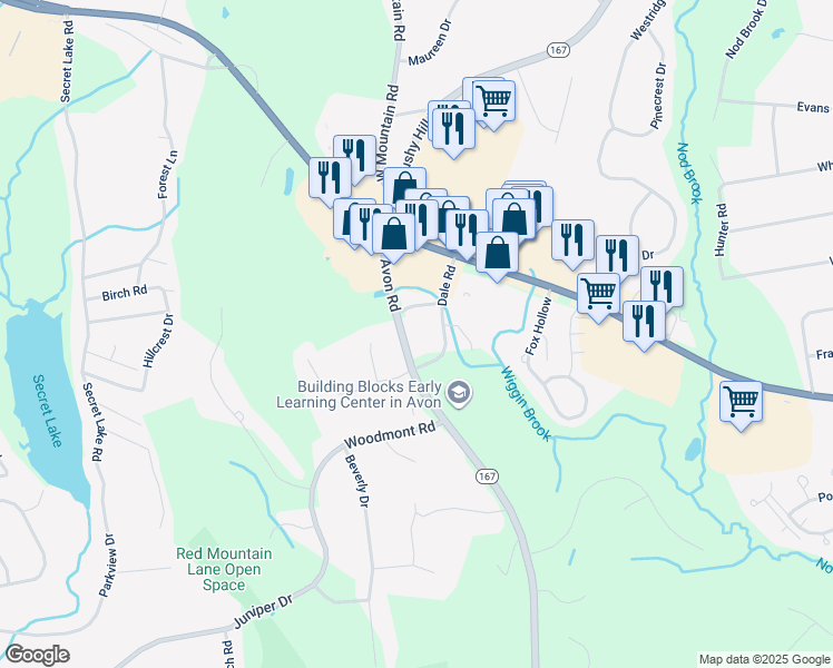 map of restaurants, bars, coffee shops, grocery stores, and more near 33 Dale Road in Avon