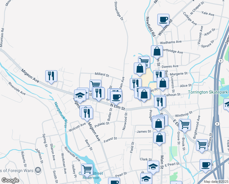 map of restaurants, bars, coffee shops, grocery stores, and more near 72 Bannon Street in Torrington