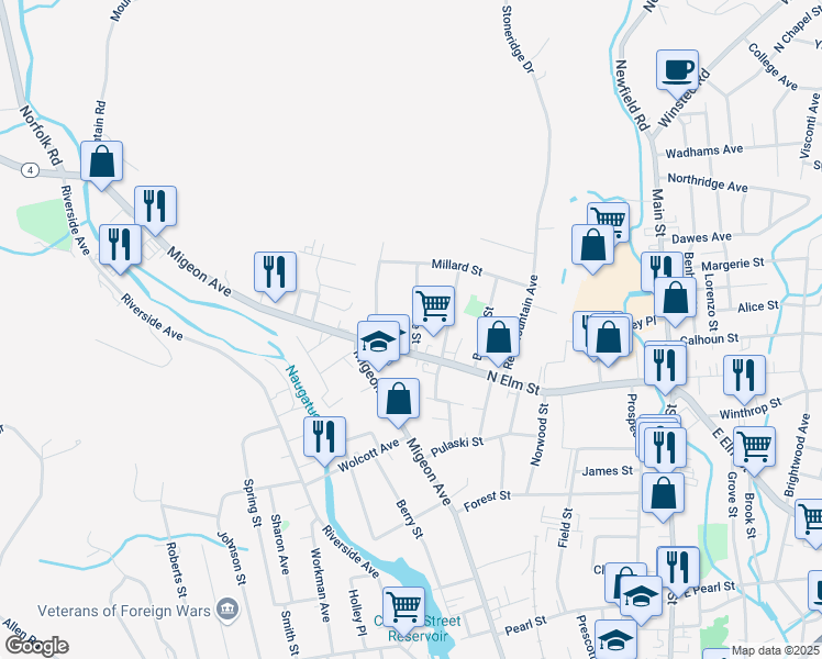 map of restaurants, bars, coffee shops, grocery stores, and more near 42 Pine Street in Torrington