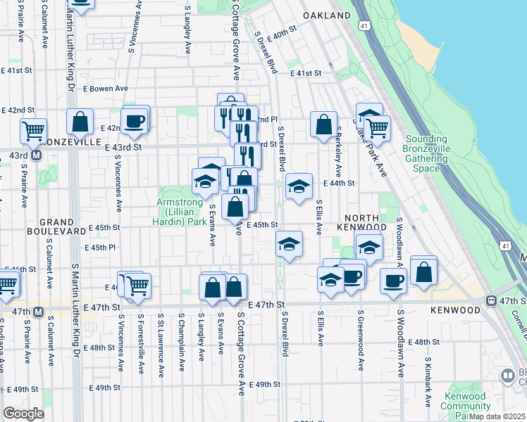 map of restaurants, bars, coffee shops, grocery stores, and more near 4418 South Drexel Boulevard in Chicago