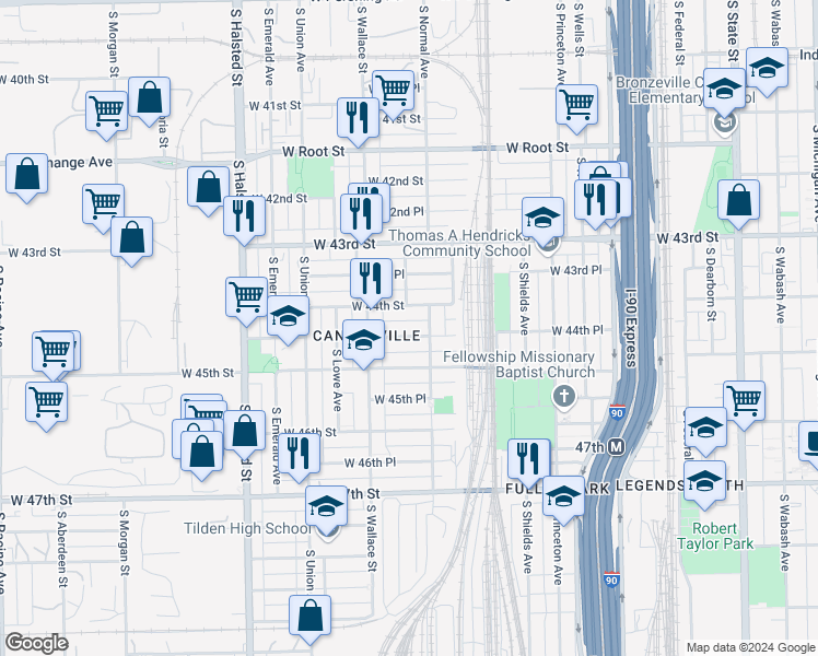 map of restaurants, bars, coffee shops, grocery stores, and more near 514 West 44th Place in Chicago