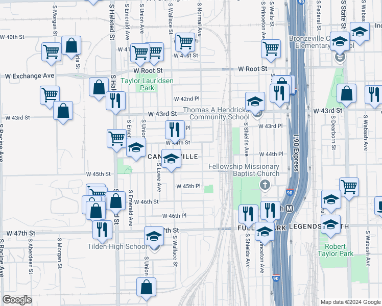 map of restaurants, bars, coffee shops, grocery stores, and more near 514 West 44th Place in Chicago
