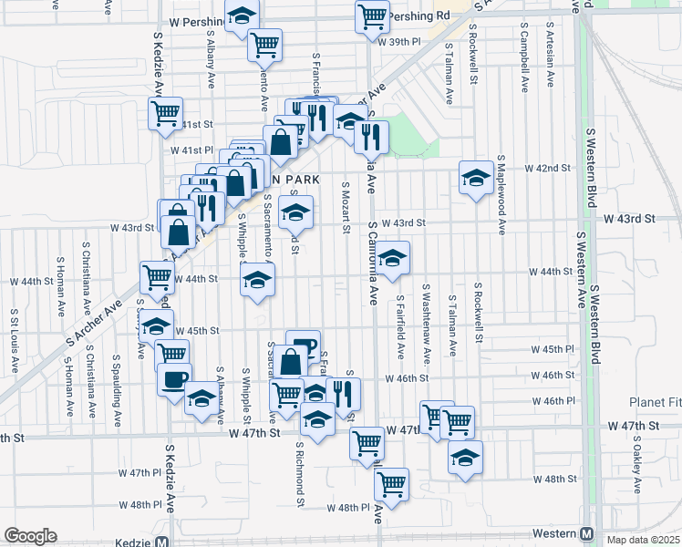 map of restaurants, bars, coffee shops, grocery stores, and more near 4350 South Mozart Street in Chicago