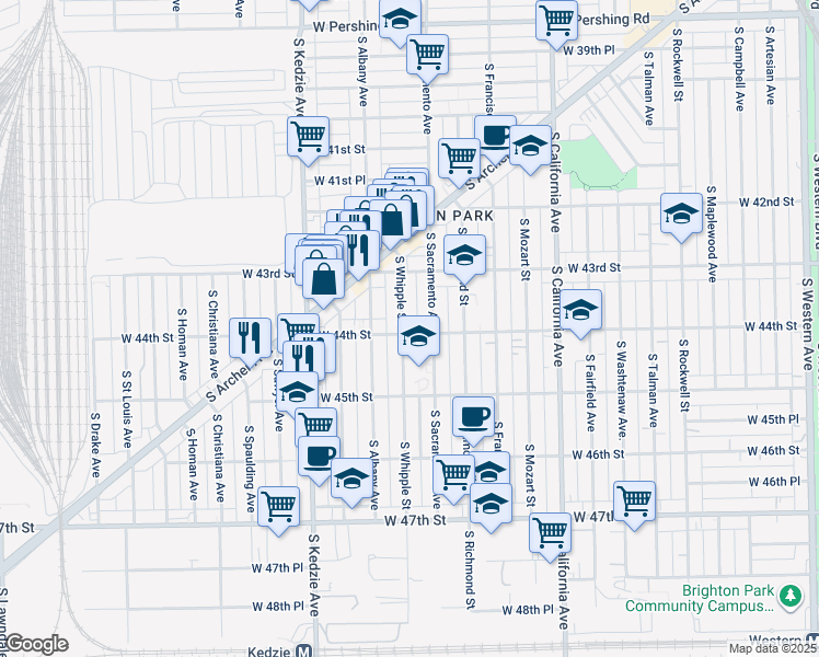 map of restaurants, bars, coffee shops, grocery stores, and more near 4349 South Whipple Street in Chicago