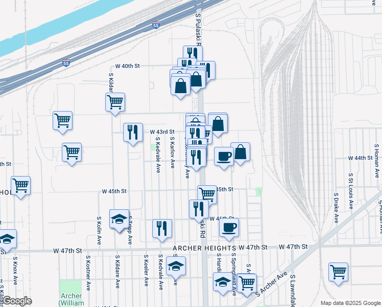 map of restaurants, bars, coffee shops, grocery stores, and more near 4339 South Komensky Avenue in Chicago