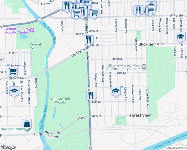 map of restaurants, bars, coffee shops, grocery stores, and more near 7122 43rd Street in Berwyn