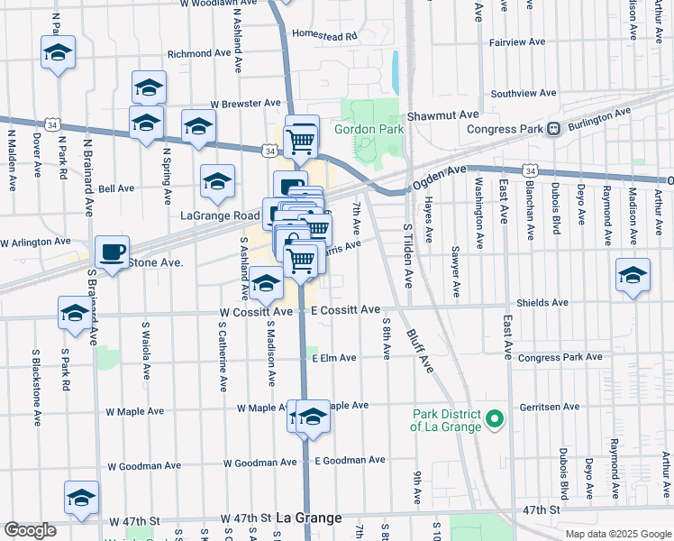 map of restaurants, bars, coffee shops, grocery stores, and more near in La Grange
