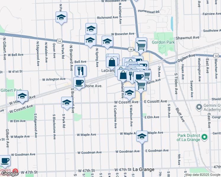 map of restaurants, bars, coffee shops, grocery stores, and more near 25 South Kensington Avenue in La Grange