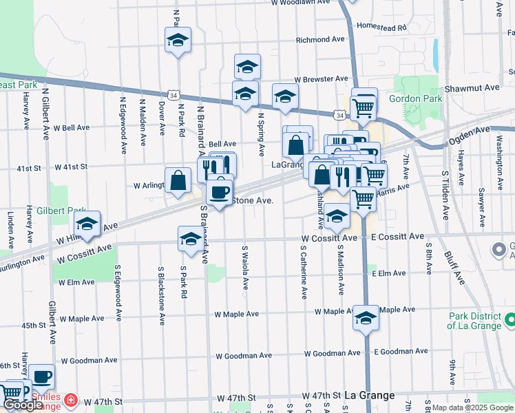 map of restaurants, bars, coffee shops, grocery stores, and more near 504 West Burlington Avenue in La Grange