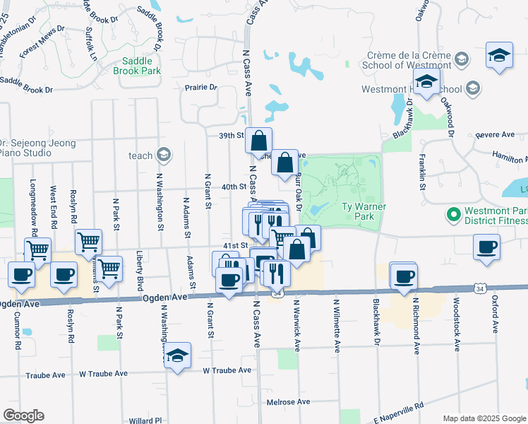 map of restaurants, bars, coffee shops, grocery stores, and more near 735 North Cass Avenue in Westmont