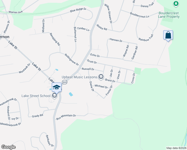 map of restaurants, bars, coffee shops, grocery stores, and more near 11 Brent Drive in Vernon