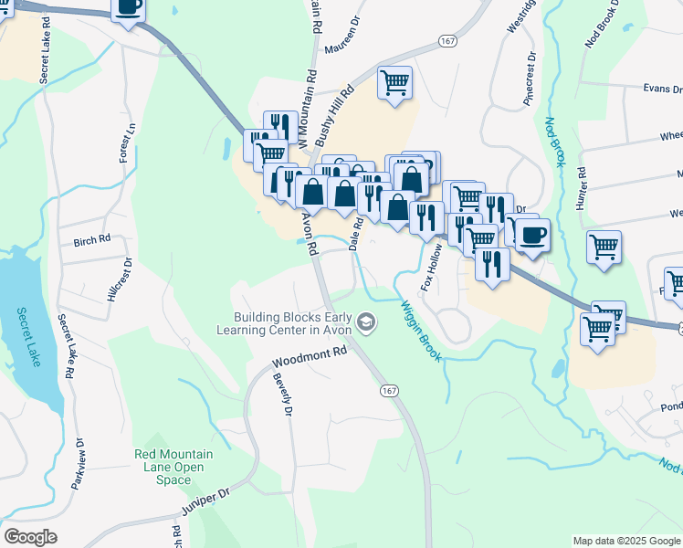 map of restaurants, bars, coffee shops, grocery stores, and more near 33 Dale Road in Avon