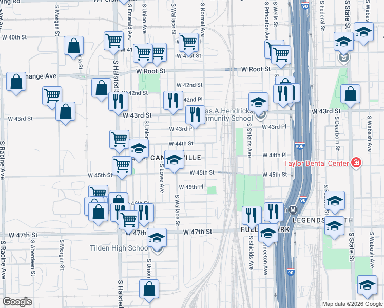 map of restaurants, bars, coffee shops, grocery stores, and more near 514 West 44th Place in Chicago