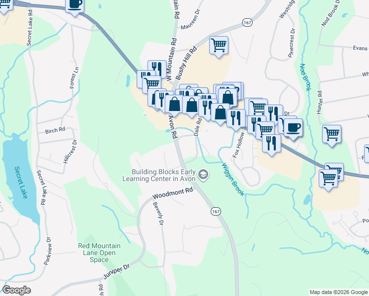 map of restaurants, bars, coffee shops, grocery stores, and more near 46 West Avon Road in Avon