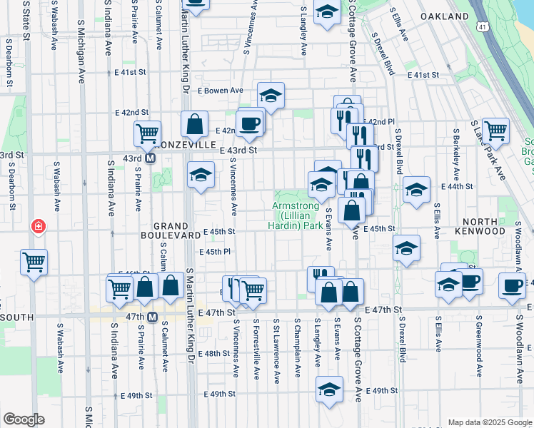 map of restaurants, bars, coffee shops, grocery stores, and more near 549 East 44th Place in Chicago