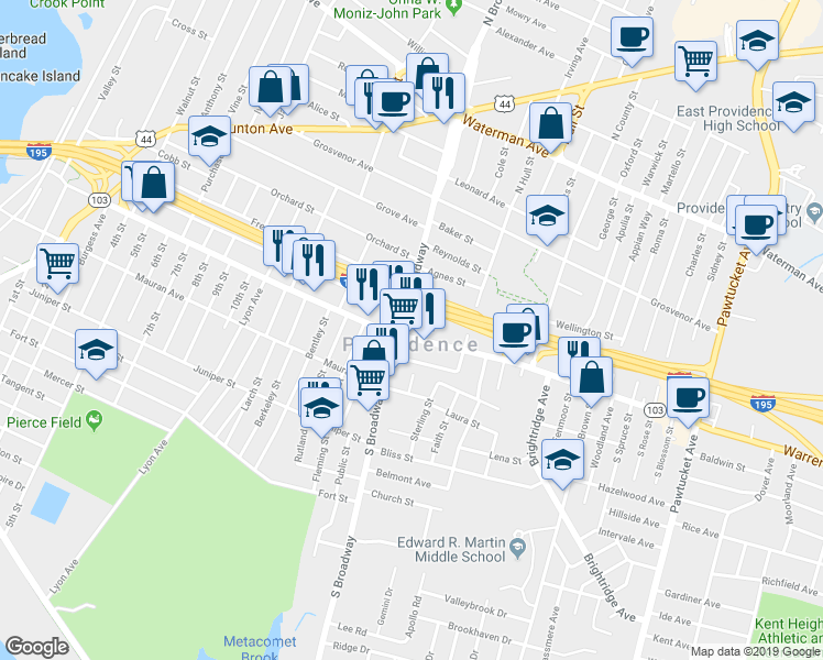 map of restaurants, bars, coffee shops, grocery stores, and more near 330 Warren Avenue in East Providence