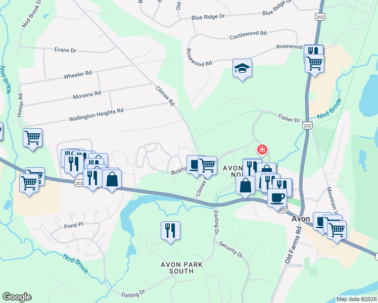 map of restaurants, bars, coffee shops, grocery stores, and more near 18 Cherry Tree Lane in Avon