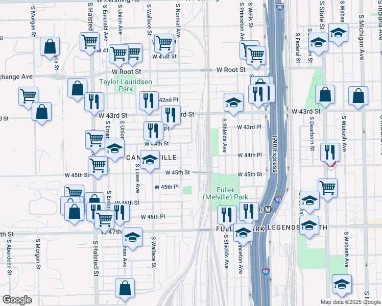 map of restaurants, bars, coffee shops, grocery stores, and more near 438 West 44th Place in Chicago