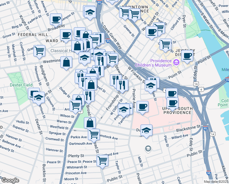 map of restaurants, bars, coffee shops, grocery stores, and more near 422 Pine Street in Providence