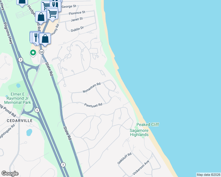 map of restaurants, bars, coffee shops, grocery stores, and more near 46 Menotomy Road in Plymouth