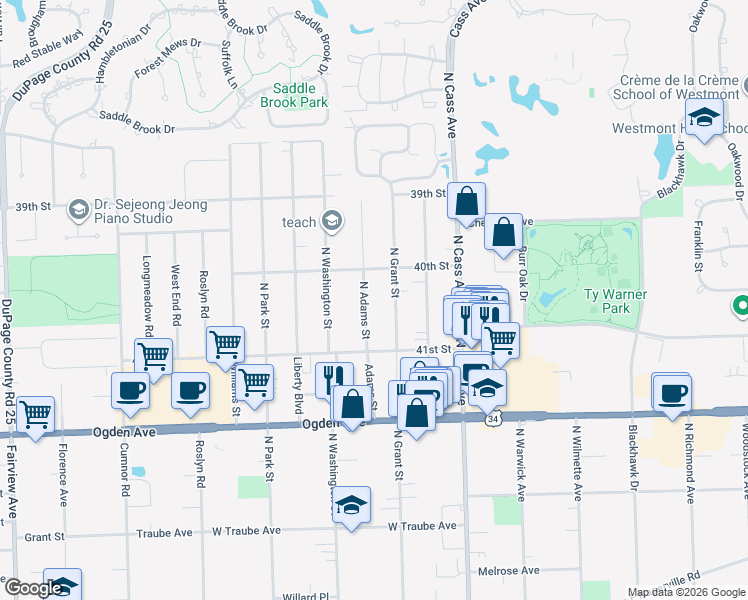 map of restaurants, bars, coffee shops, grocery stores, and more near 4011 N Adams St in Westmont