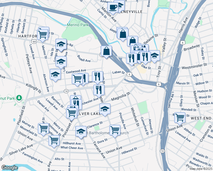 map of restaurants, bars, coffee shops, grocery stores, and more near 345 Plainfield Street in Providence