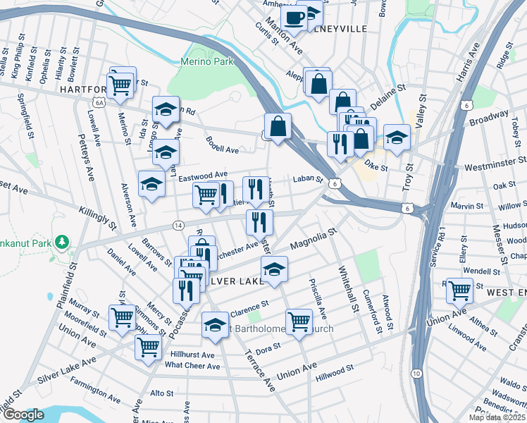 map of restaurants, bars, coffee shops, grocery stores, and more near 365 Plainfield Street in Providence