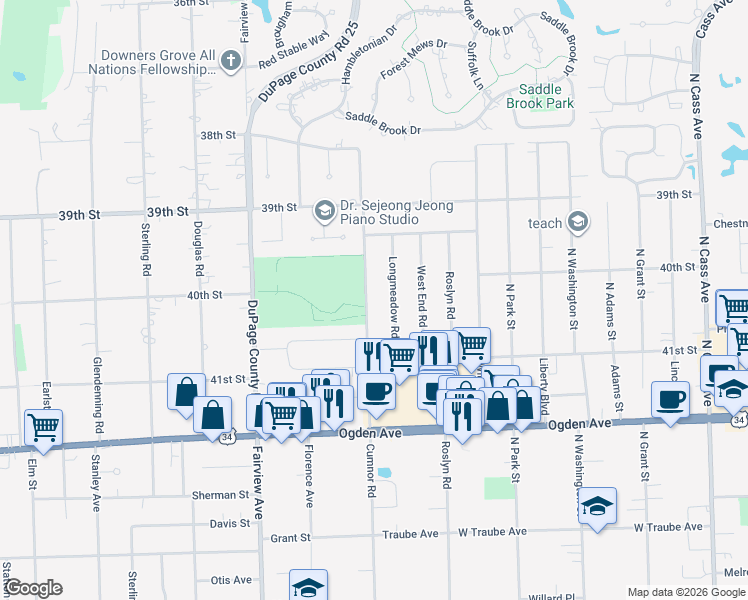 map of restaurants, bars, coffee shops, grocery stores, and more near 4031 Longmeadow Road in Downers Grove