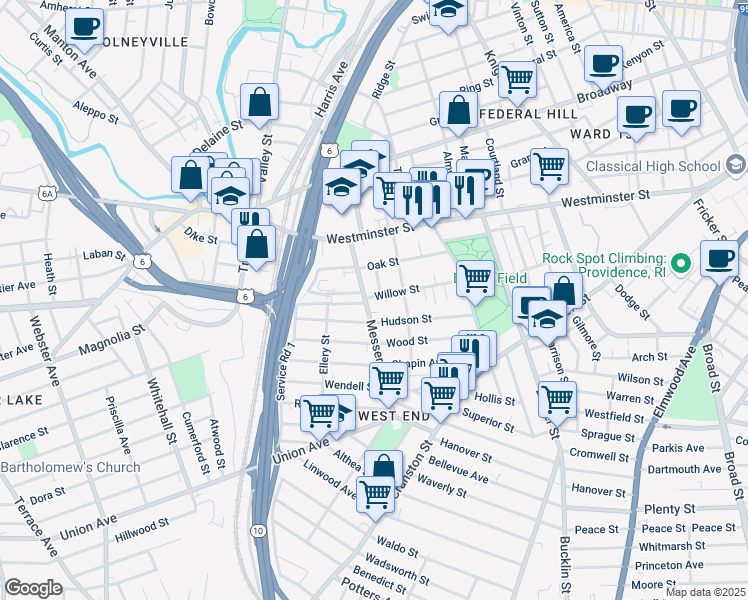 map of restaurants, bars, coffee shops, grocery stores, and more near 96 Willow Street in Providence
