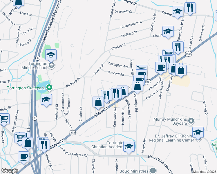 map of restaurants, bars, coffee shops, grocery stores, and more near 27 Harpswell Street in Torrington